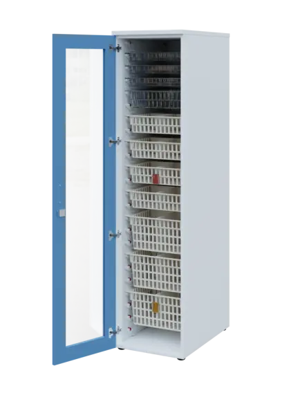 EUROMEDICA S - 46 skříň léková boxová, 1-dveřová/prosklená, levá, 1950x460x735, korpus bílý, dvířka pastelově modrá